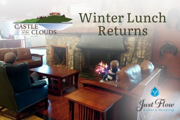 Small family gathered at the cozy Carriage House Restaurant at Castle in the Clouds in the winter