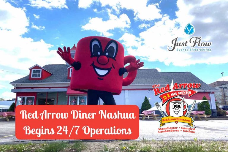 Moe Java mascot standing outside the Red Arrow Diner building in Nashua, New Hampshire