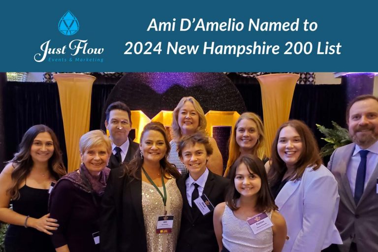Ami D'Amelio, CEO of Just Flow Events & Marketing, celebrating New Hampshire Business Review achievement with supporters